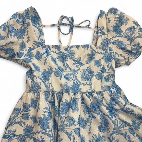Blue Floral Puff Sleeve Cottagecore Mini Dress - Picture 6 of 6
